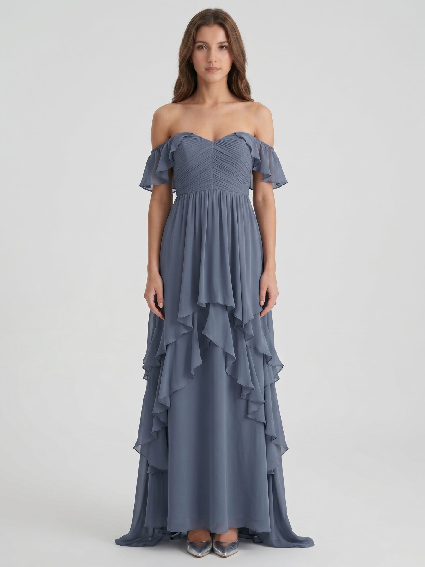 Stormy Chiffon A-Line Off-the-Shoulder Back Zip Floor-Length Bridesmaid Dress with Cascading Ruffles