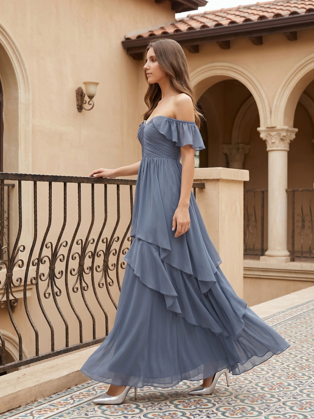 Stormy Chiffon A-Line Off-the-Shoulder Back Zip Floor-Length Bridesmaid Dress with Cascading Ruffles