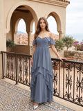 Stormy Chiffon A-Line Off-the-Shoulder Back Zip Floor-Length Bridesmaid Dress with Cascading Ruffles