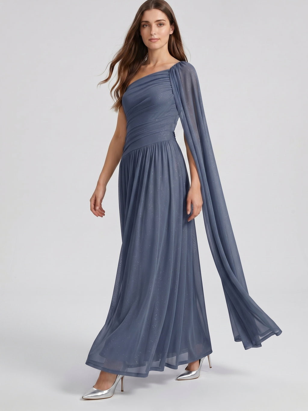 Stormy Chiffon A-Line One Shoulder Side Zip Floor-Length Bridesmaid Dress with Pleated Detail