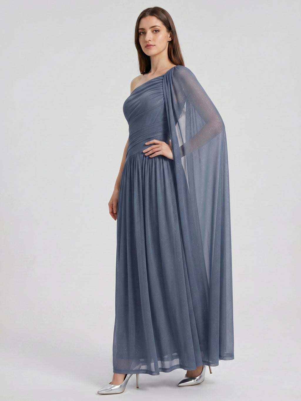 Stormy Chiffon A-Line One Shoulder Side Zip Floor-Length Bridesmaid Dress with Pleated Detail