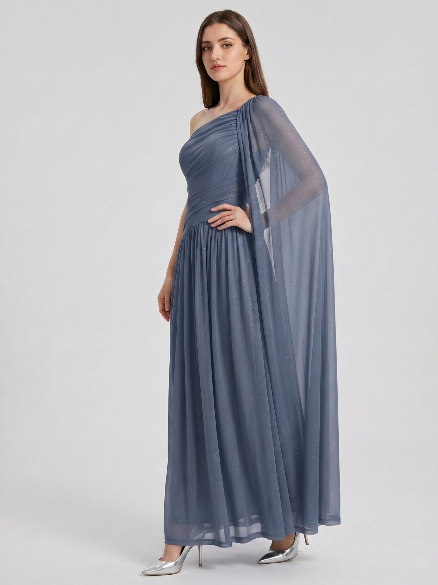 Stormy Chiffon A-Line One Shoulder Side Zip Floor-Length Bridesmaid Dress with Pleated Detail