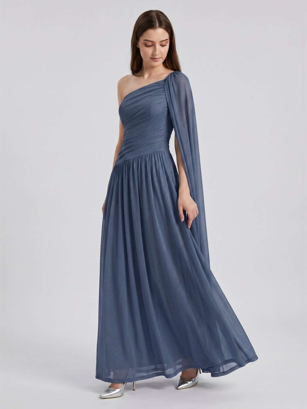 Stormy Chiffon A-Line One Shoulder Side Zip Floor-Length Bridesmaid Dress with Pleated Detail