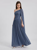 Stormy Chiffon A-Line One Shoulder Side Zip Floor-Length Bridesmaid Dress with Pleated Detail