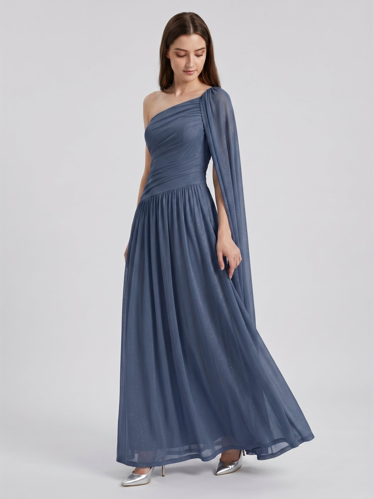 Stormy Chiffon A-Line One Shoulder Side Zip Floor-Length Bridesmaid Dress with Pleated Detail