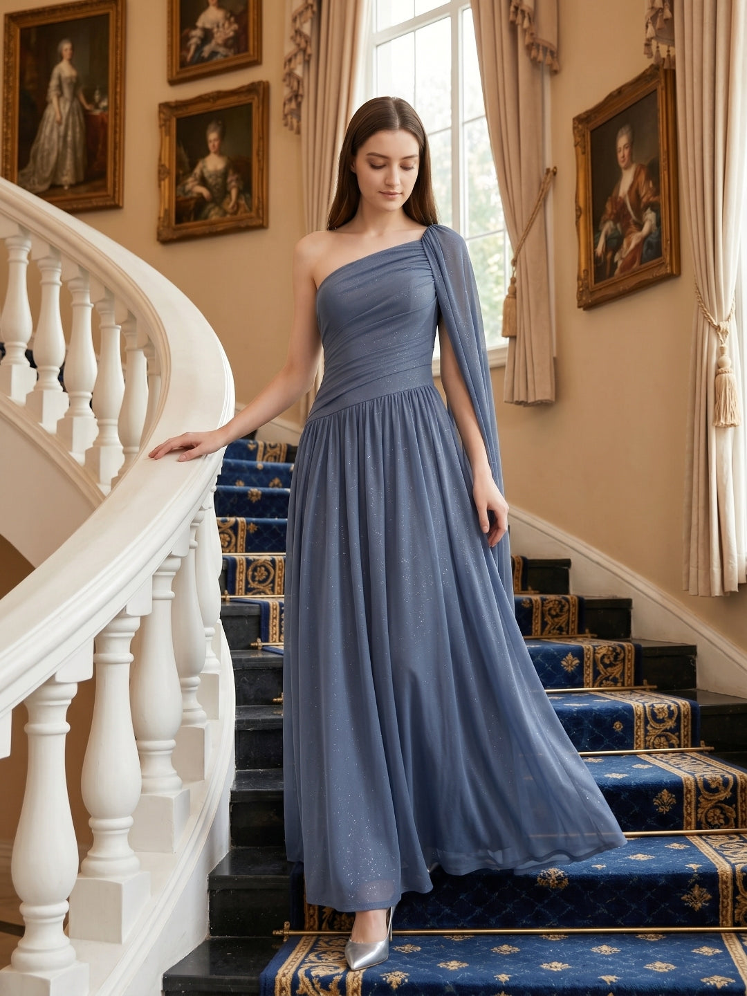 Stormy Chiffon A-Line One Shoulder Side Zip Floor-Length Bridesmaid Dress with Pleated Detail