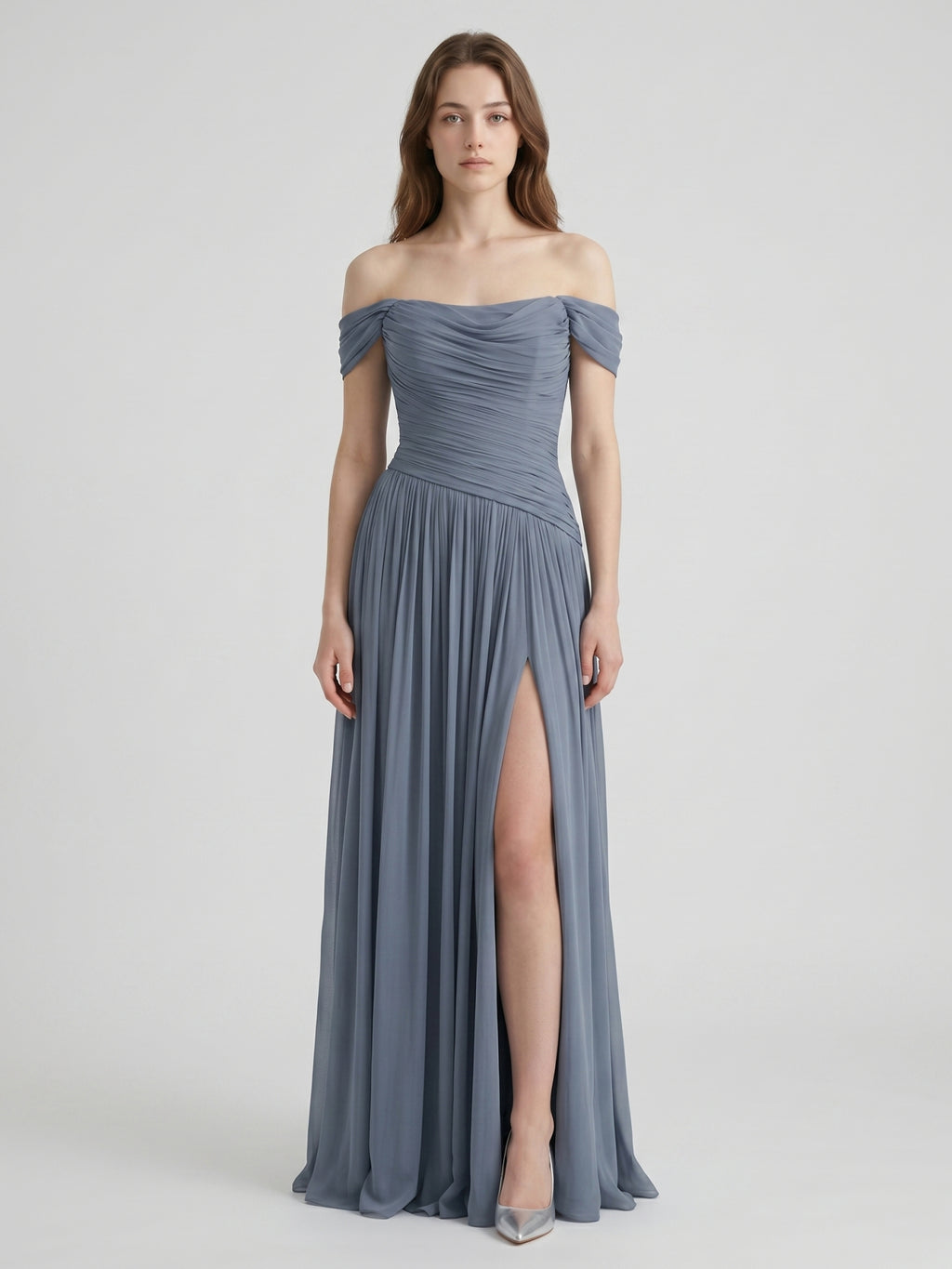 Stormy Chiffon A-Line Off-The-Shouler Back Zip Floor-Length Bridesmaid Dress with Pleats