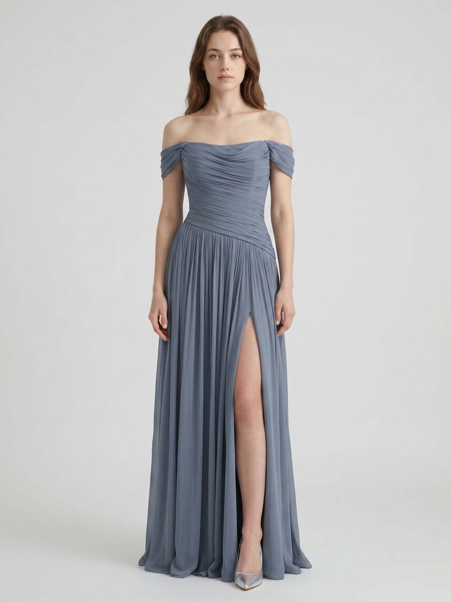 Stormy Chiffon A-Line Off-The-Shouler Back Zip Floor-Length Bridesmaid Dress with Pleats
