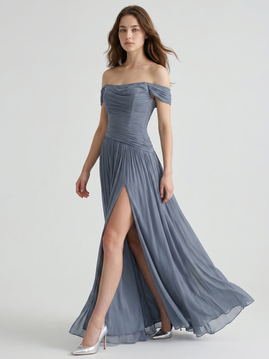 Stormy Chiffon A-Line Off-The-Shouler Back Zip Floor-Length Bridesmaid Dress with Pleats