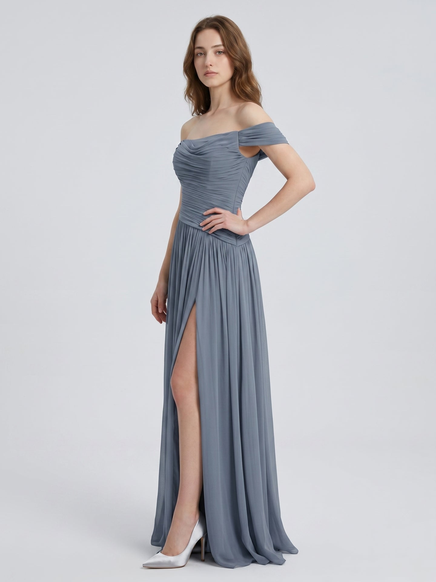 Stormy Chiffon A-Line Off-The-Shouler Back Zip Floor-Length Bridesmaid Dress with Pleats