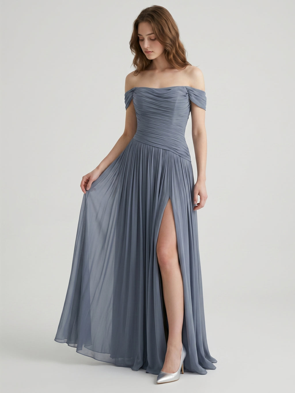 Stormy Chiffon A-Line Off-The-Shouler Back Zip Floor-Length Bridesmaid Dress with Pleats