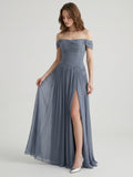 Stormy Chiffon A-Line Off-The-Shouler Back Zip Floor-Length Bridesmaid Dress with Pleats