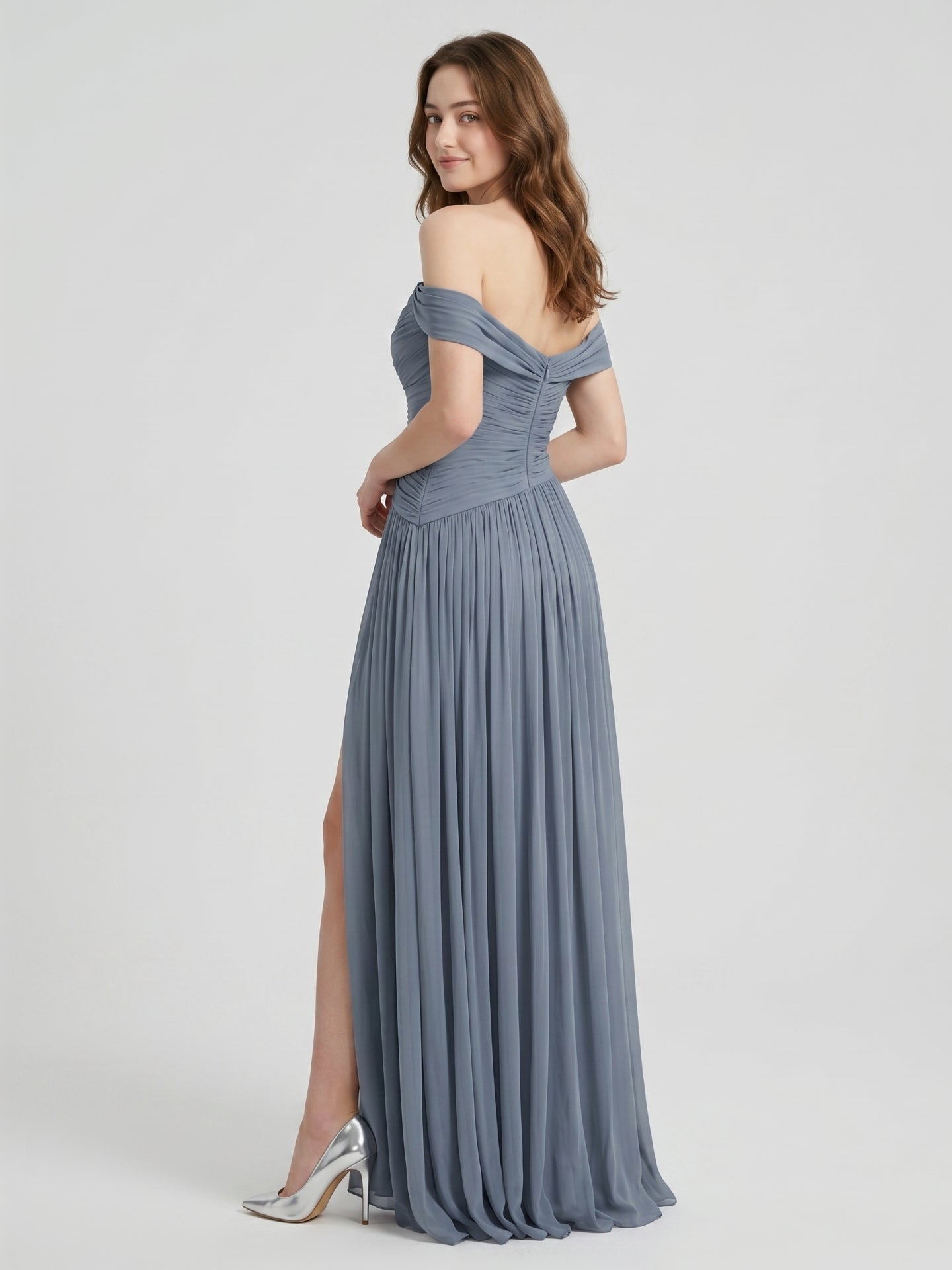 Stormy Chiffon A-Line Off-The-Shouler Back Zip Floor-Length Bridesmaid Dress with Pleats