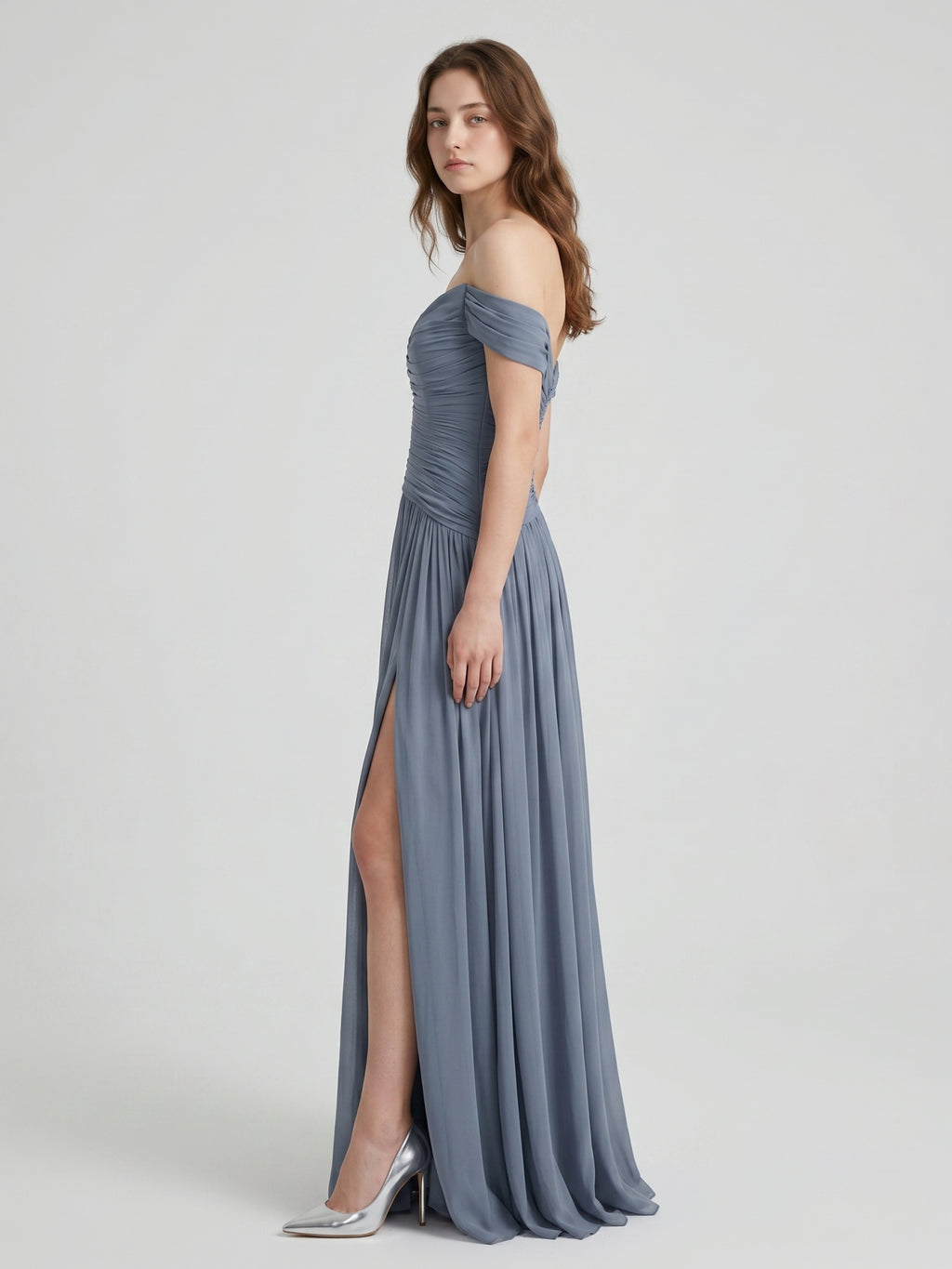 Stormy Chiffon A-Line Off-The-Shouler Back Zip Floor-Length Bridesmaid Dress with Pleats