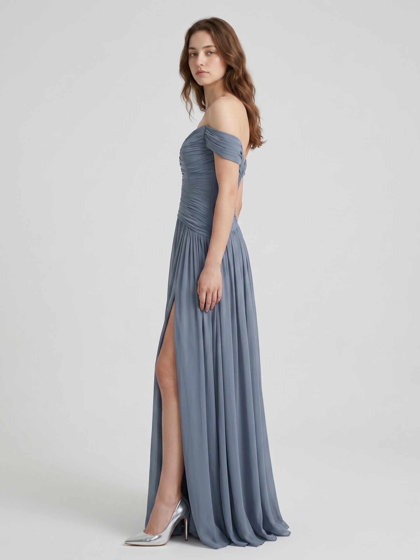 Stormy Chiffon A-Line Off-The-Shouler Back Zip Floor-Length Bridesmaid Dress with Pleats