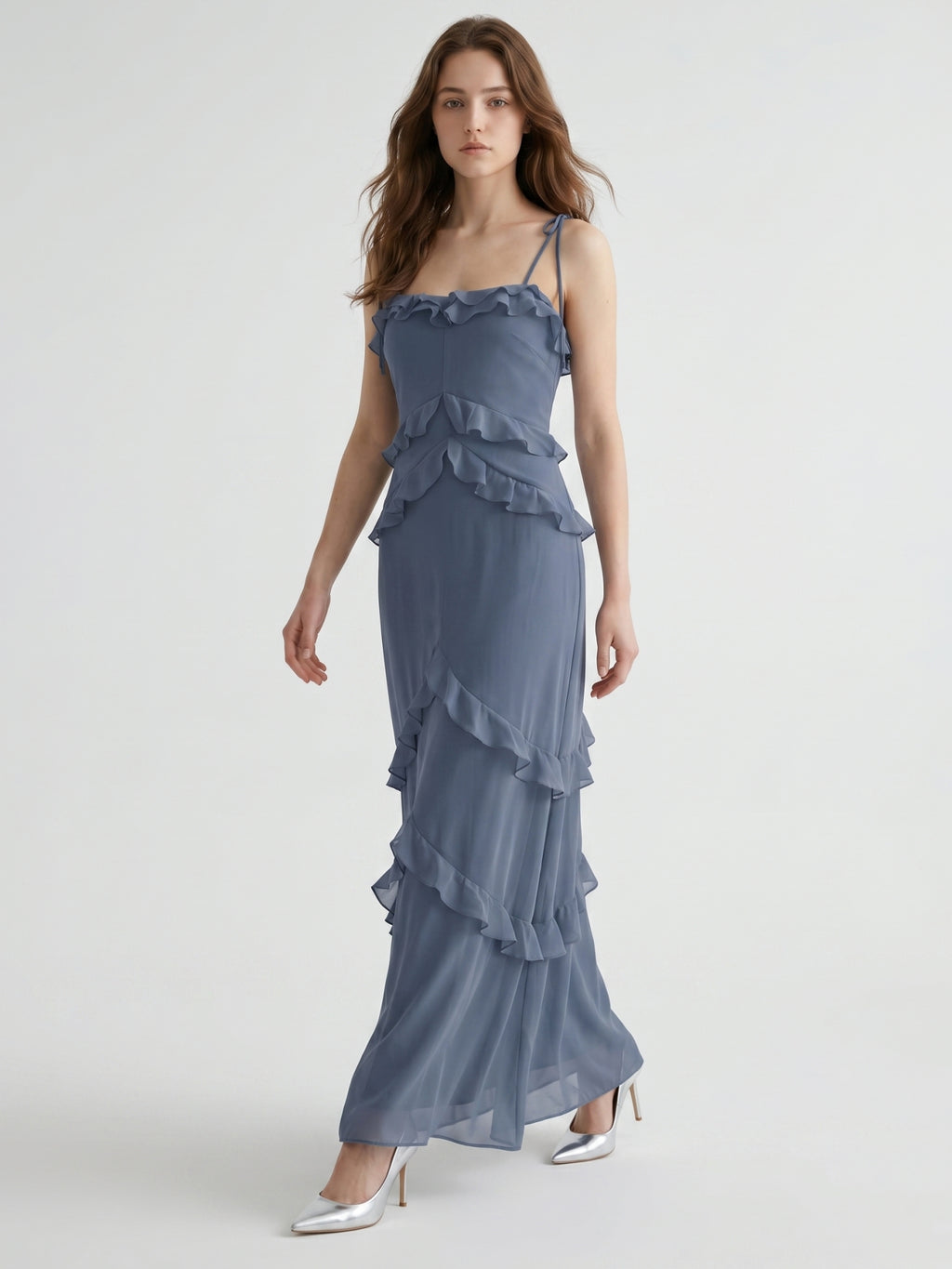Stormy Chiffon A-Line Straight Neck Back Zip Floor-Length Bridesmaid Dress with Ruffle