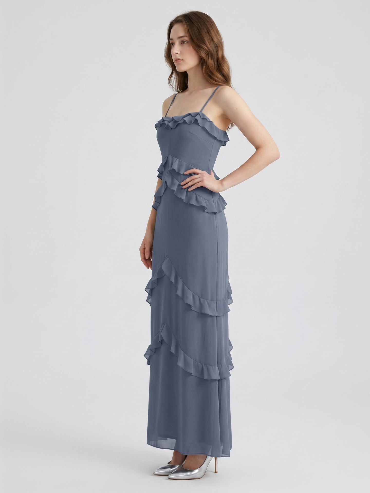 Stormy Chiffon A-Line Straight Neck Back Zip Floor-Length Bridesmaid Dress with Ruffle