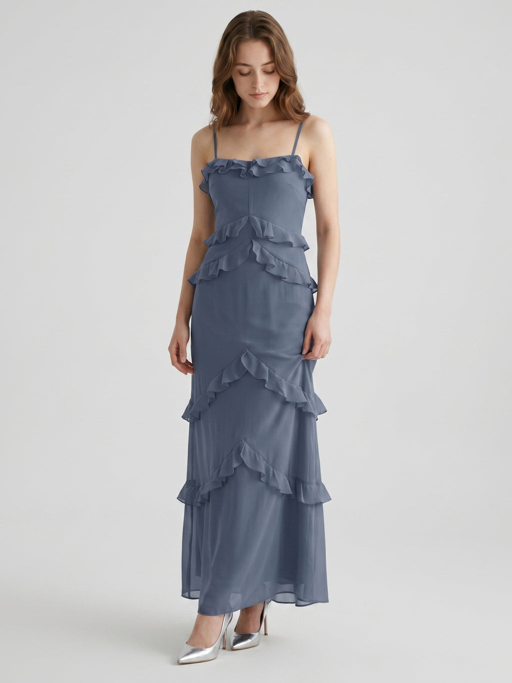 Stormy Chiffon A-Line Straight Neck Back Zip Floor-Length Bridesmaid Dress with Ruffle