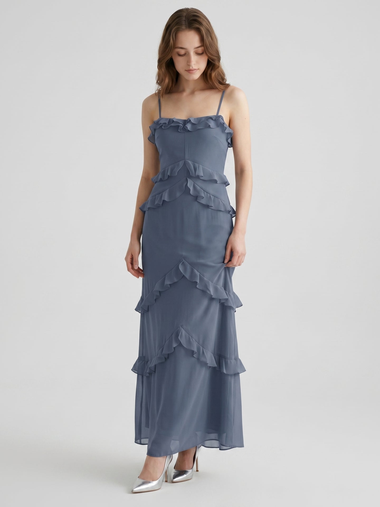Stormy Chiffon A-Line Straight Neck Back Zip Floor-Length Bridesmaid Dress with Ruffle