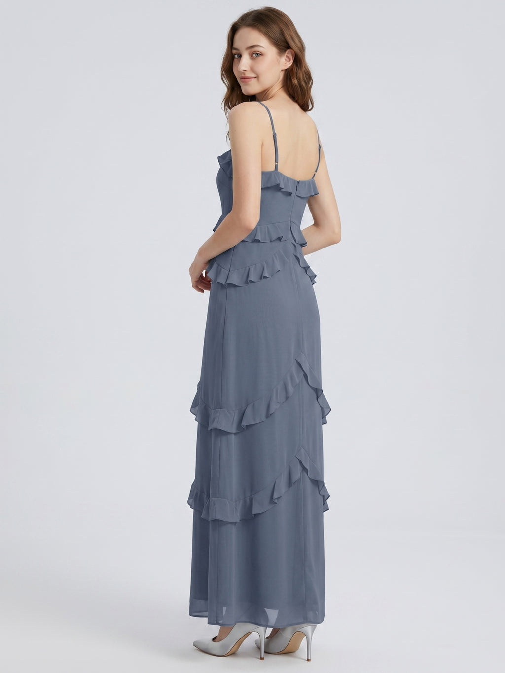 Stormy Chiffon A-Line Straight Neck Back Zip Floor-Length Bridesmaid Dress with Ruffle