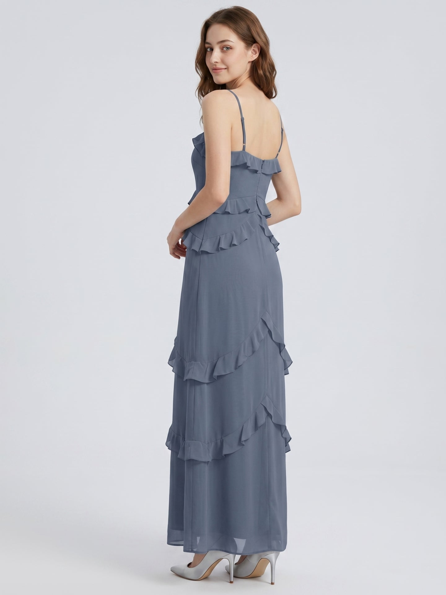 Stormy Chiffon A-Line Straight Neck Back Zip Floor-Length Bridesmaid Dress with Ruffle