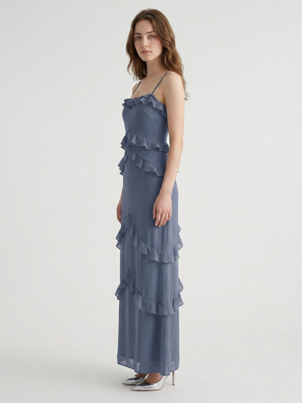 Stormy Chiffon A-Line Straight Neck Back Zip Floor-Length Bridesmaid Dress with Ruffle