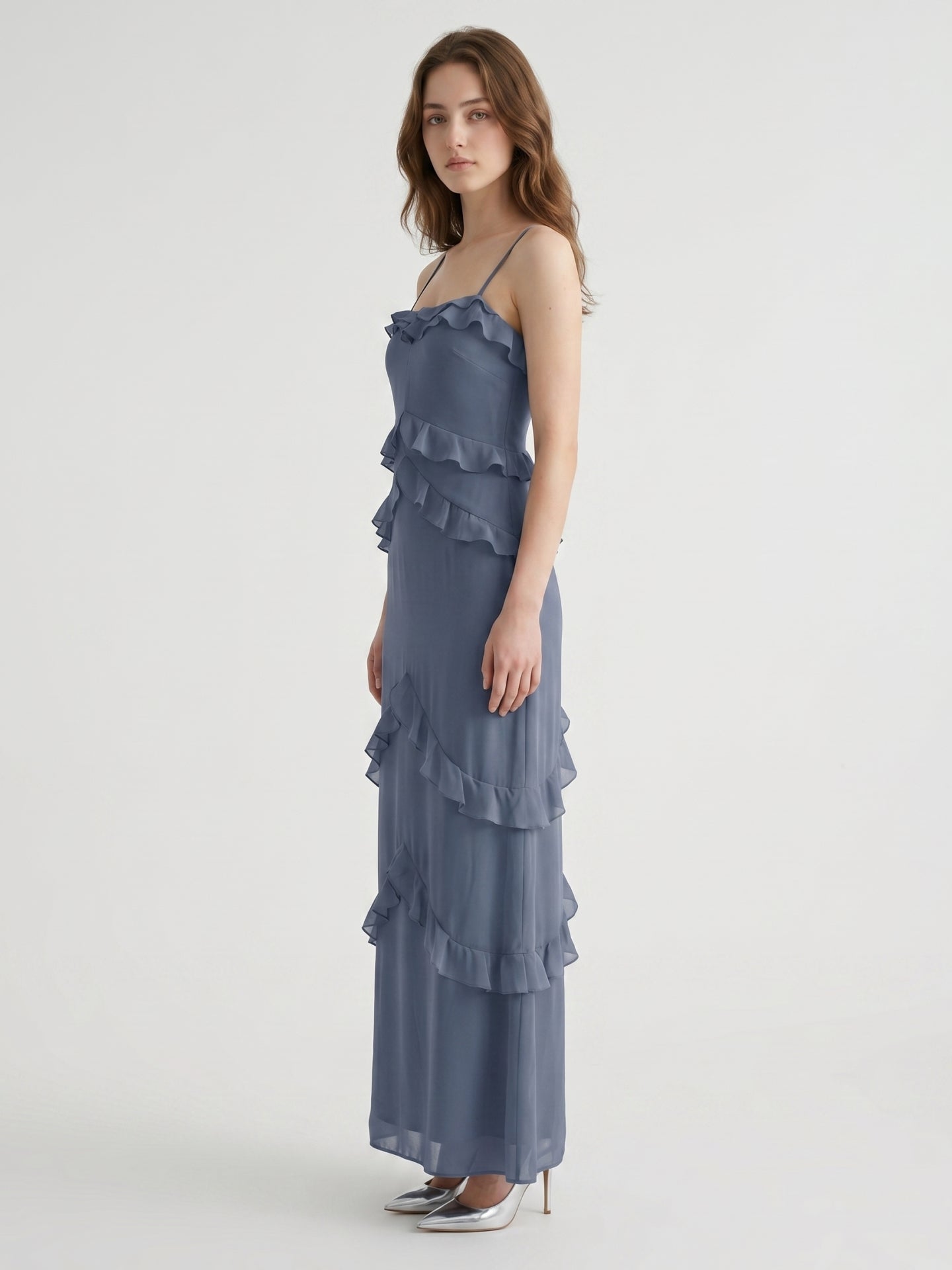 Stormy Chiffon A-Line Straight Neck Back Zip Floor-Length Bridesmaid Dress with Ruffle