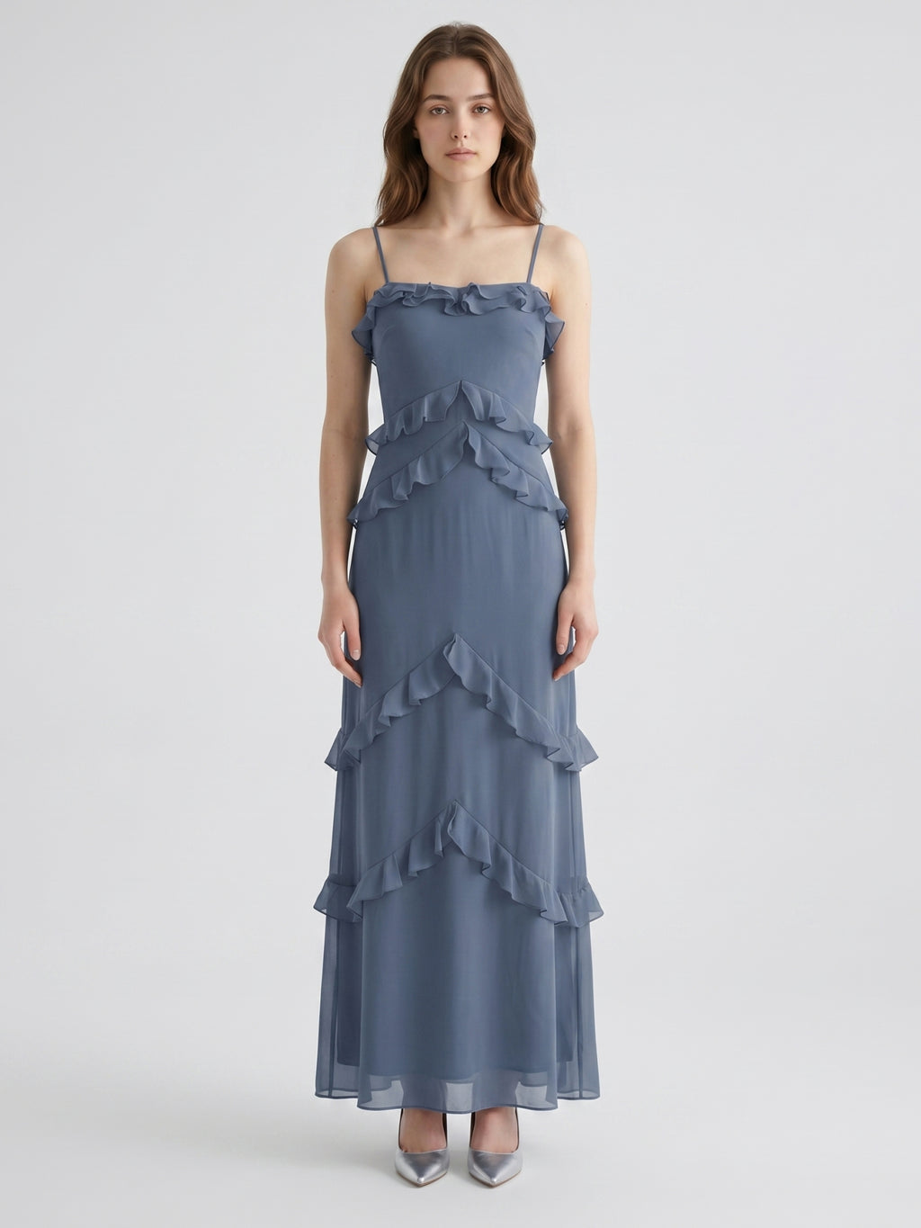 Stormy Chiffon A-Line Straight Neck Back Zip Floor-Length Bridesmaid Dress with Ruffle