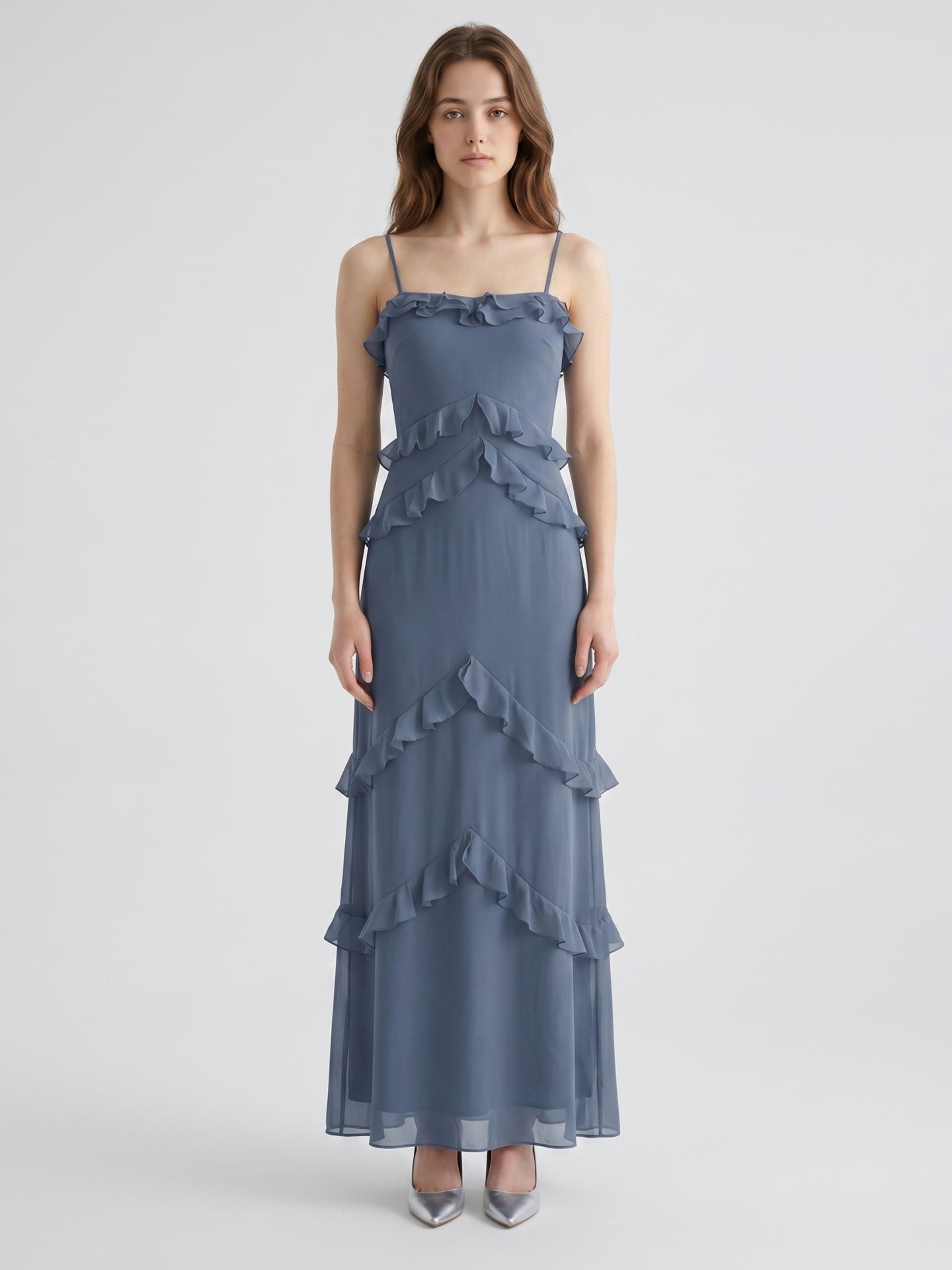 Stormy Chiffon A-Line Straight Neck Back Zip Floor-Length Bridesmaid Dress with Ruffle