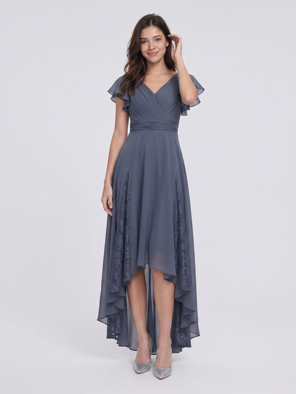 Stormy Chiffon A-Line V-Neck Back Zip Asymmetrical Bridesmaid Dress with Ruffles