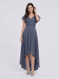 Stormy Chiffon A-Line V-Neck Back Zip Asymmetrical Bridesmaid Dress with Ruffles