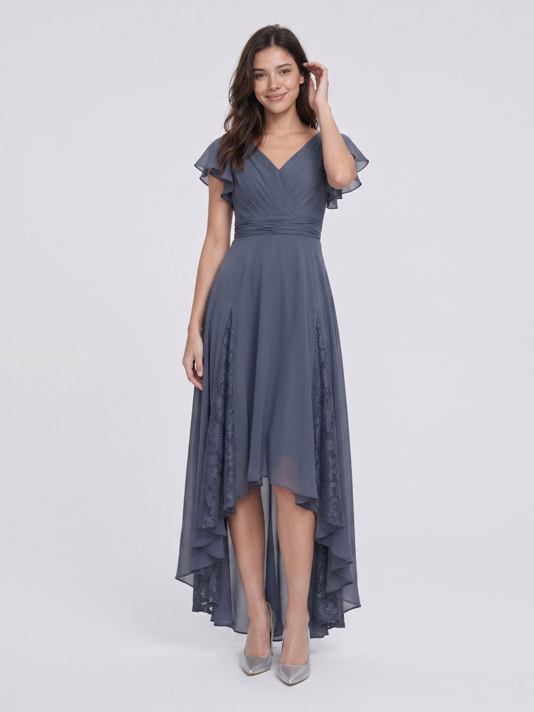 Stormy Chiffon A-Line V-Neck Back Zip Asymmetrical Bridesmaid Dress with Ruffles
