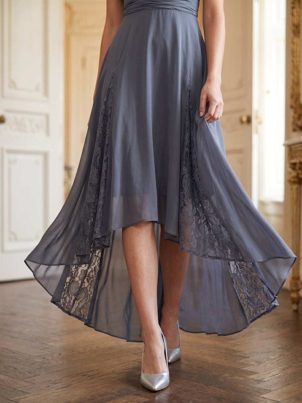 Stormy Chiffon A-Line V-Neck Back Zip Asymmetrical Bridesmaid Dress with Ruffles