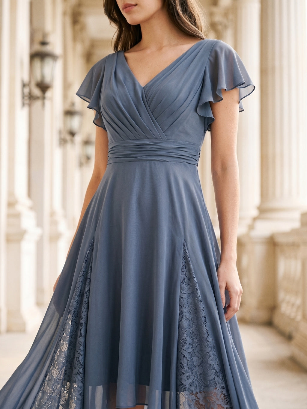 Stormy Chiffon A-Line V-Neck Back Zip Asymmetrical Bridesmaid Dress with Ruffles