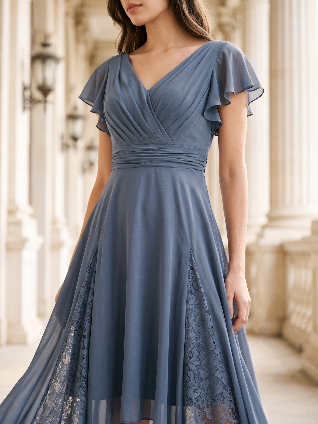 Stormy Chiffon A-Line V-Neck Back Zip Asymmetrical Bridesmaid Dress with Ruffles