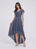 Stormy Chiffon A-Line V-Neck Back Zip Asymmetrical Bridesmaid Dress with Ruffles