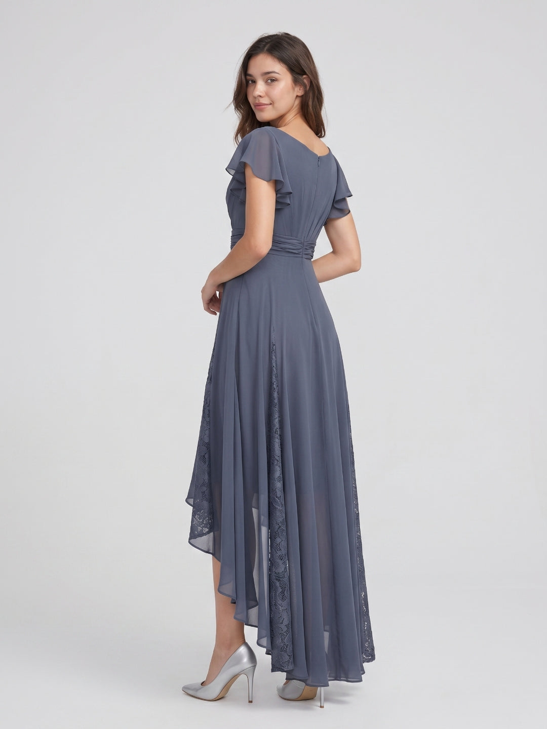 Stormy Chiffon A-Line V-Neck Back Zip Asymmetrical Bridesmaid Dress with Ruffles