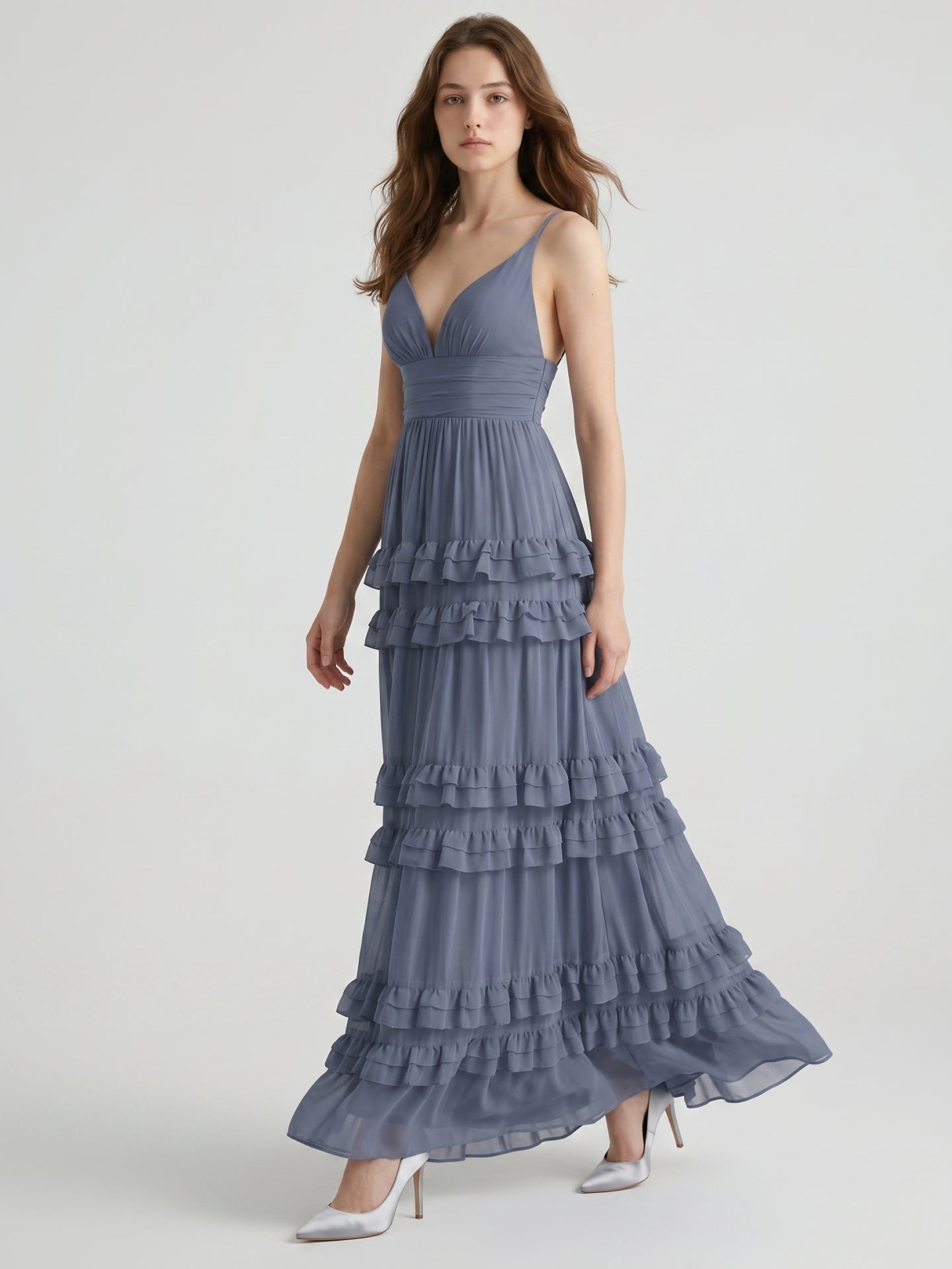 Stormy Chiffon A-Line V-Neck Back Zip Floor-Length Bridesmaid Dress with Ruffles