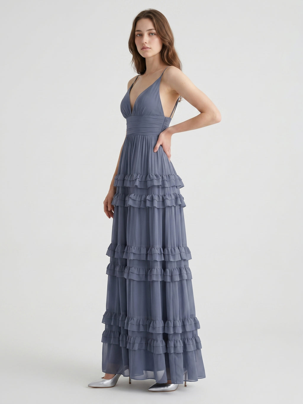 Stormy Chiffon A-Line V-Neck Back Zip Floor-Length Bridesmaid Dress with Ruffles