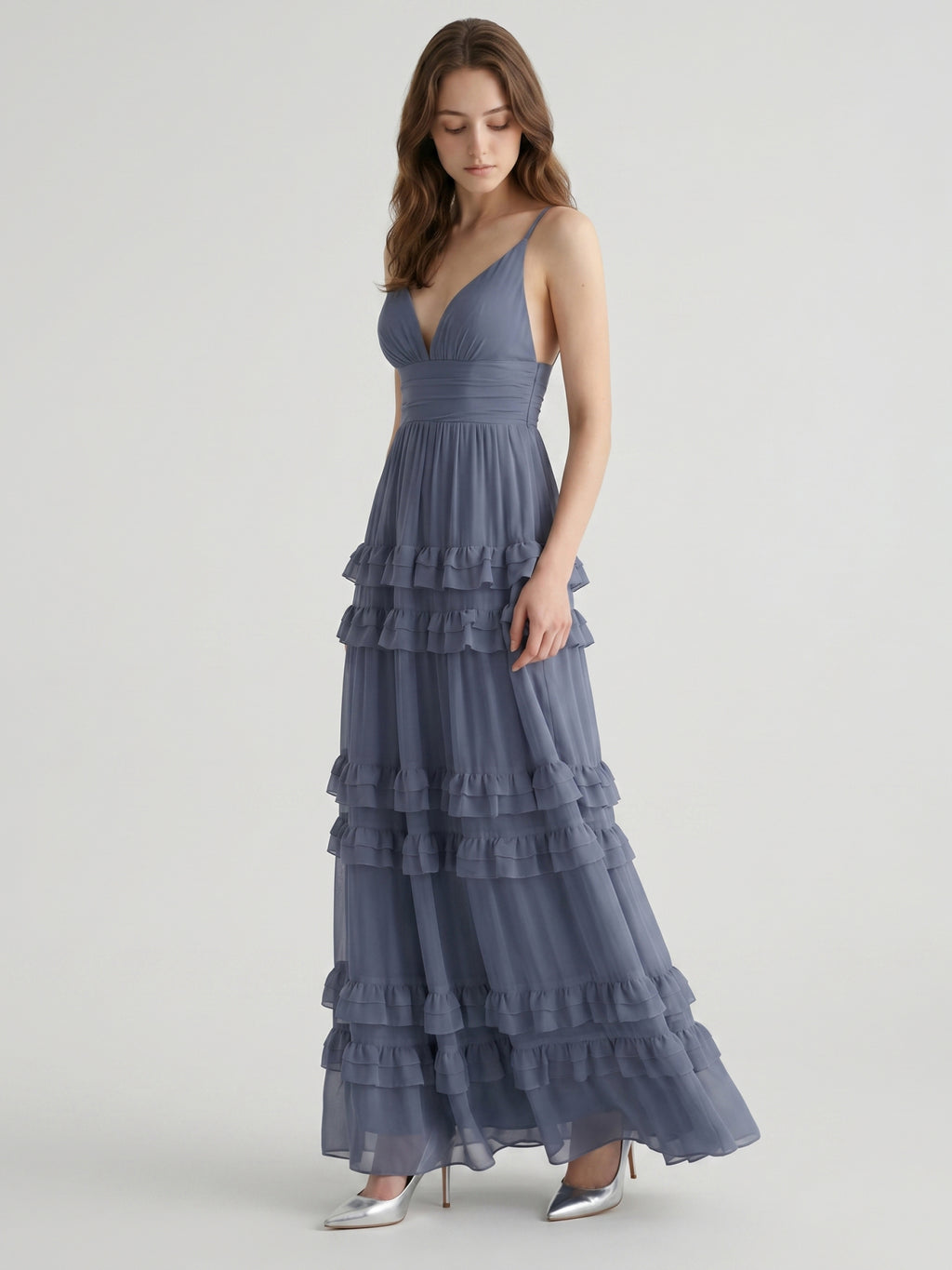 Stormy Chiffon A-Line V-Neck Back Zip Floor-Length Bridesmaid Dress with Ruffles