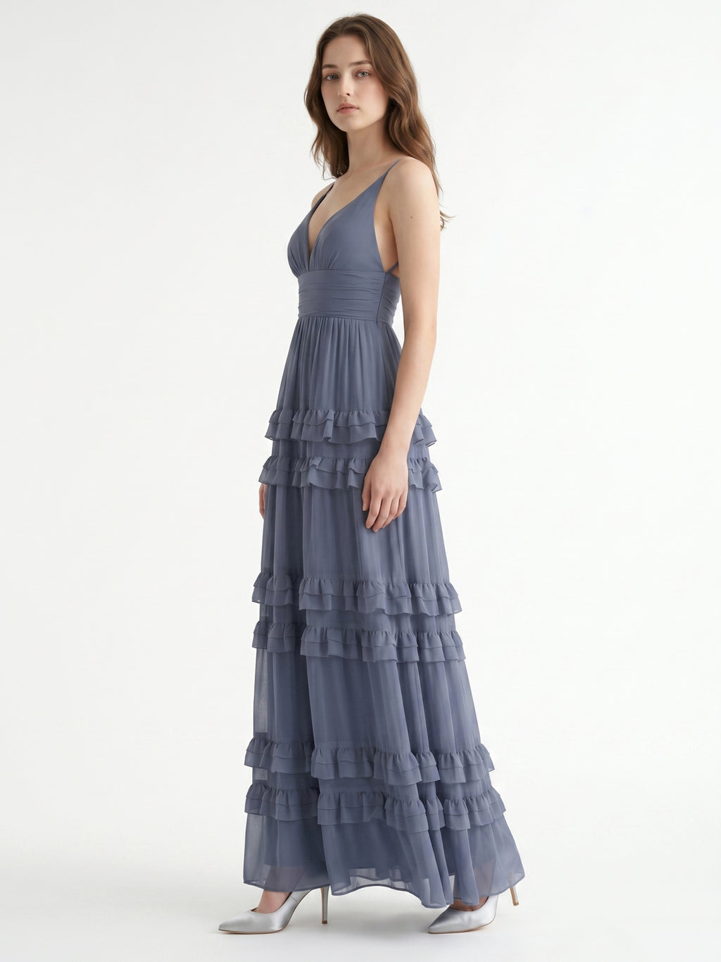 Stormy Chiffon A-Line V-Neck Back Zip Floor-Length Bridesmaid Dress with Ruffles