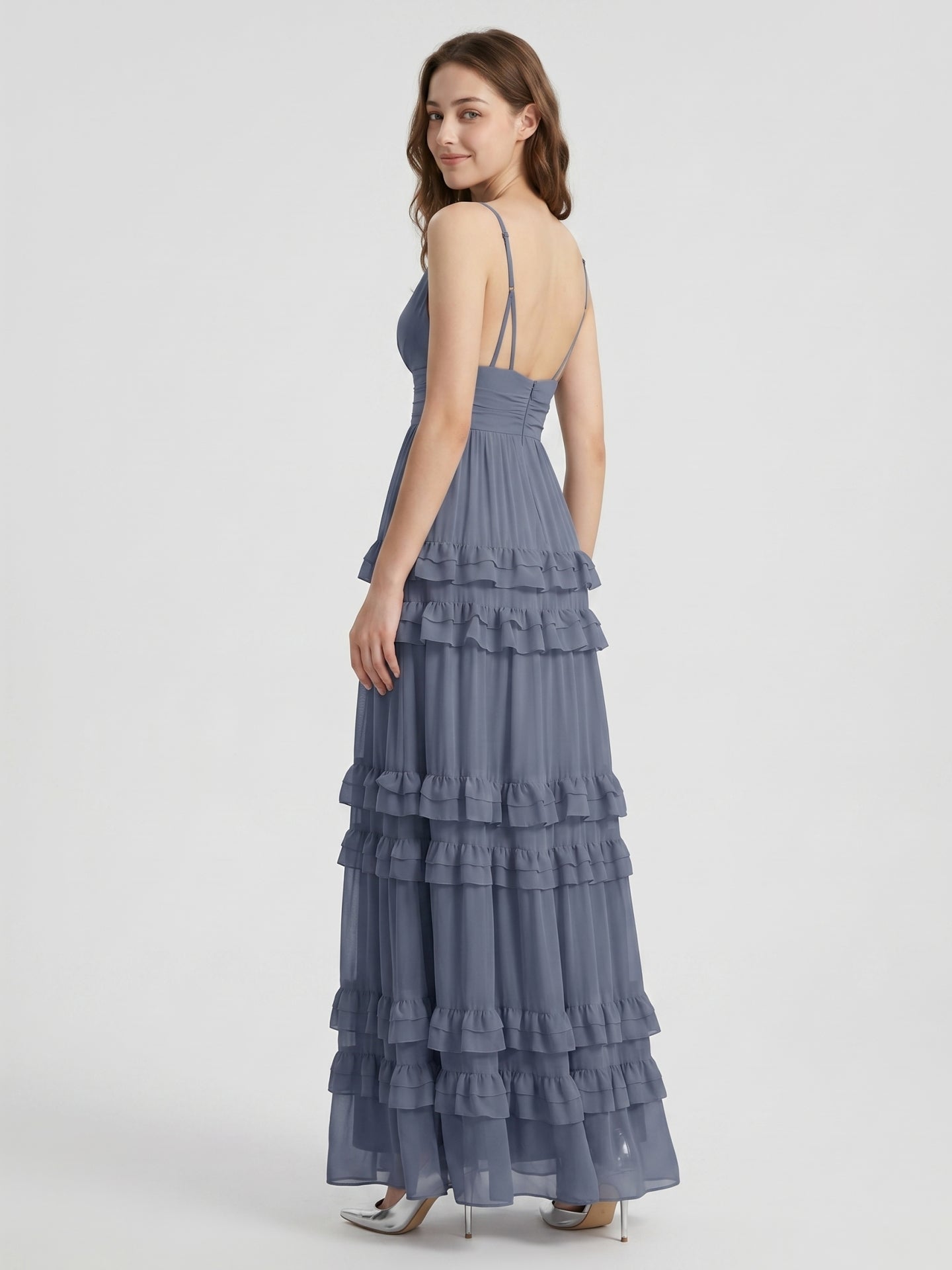 Stormy Chiffon A-Line V-Neck Back Zip Floor-Length Bridesmaid Dress with Ruffles