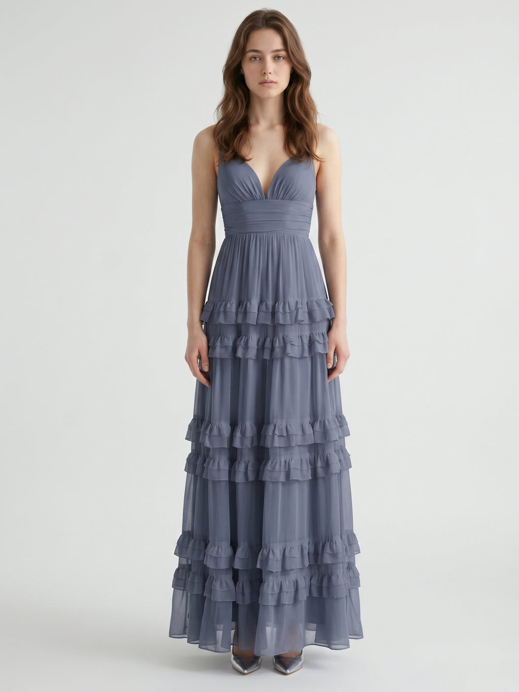 Stormy Chiffon A-Line V-Neck Back Zip Floor-Length Bridesmaid Dress with Ruffles