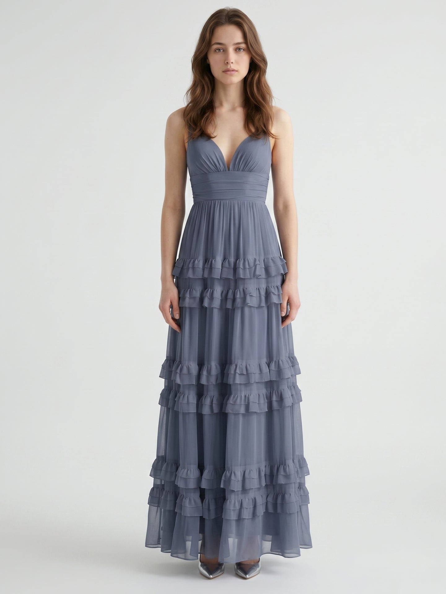 Stormy Chiffon A-Line V-Neck Back Zip Floor-Length Bridesmaid Dress with Ruffles