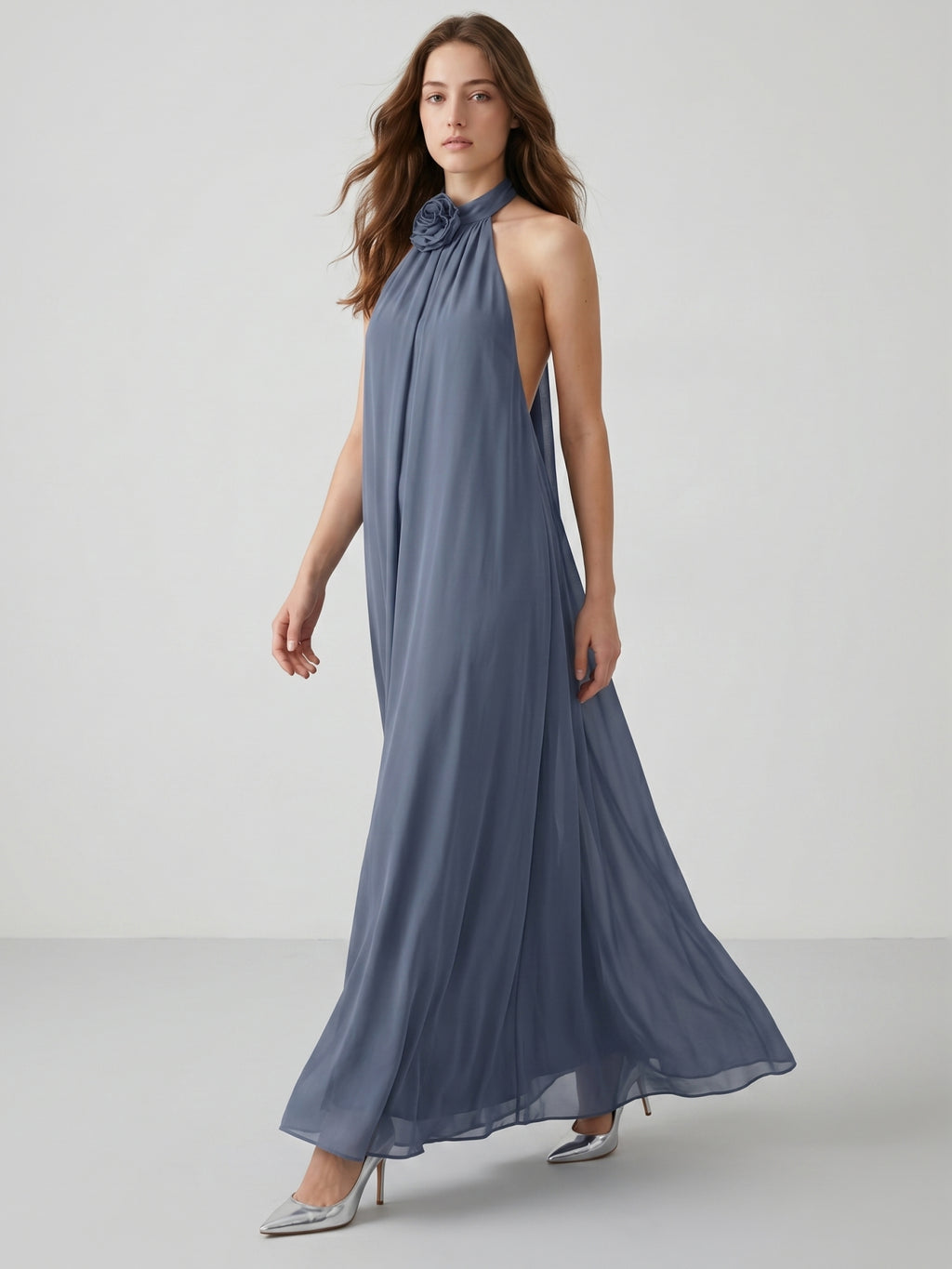 Stormy Chiffon Column Halter Neckline Backless Floor-Length Bridesmaid Dress