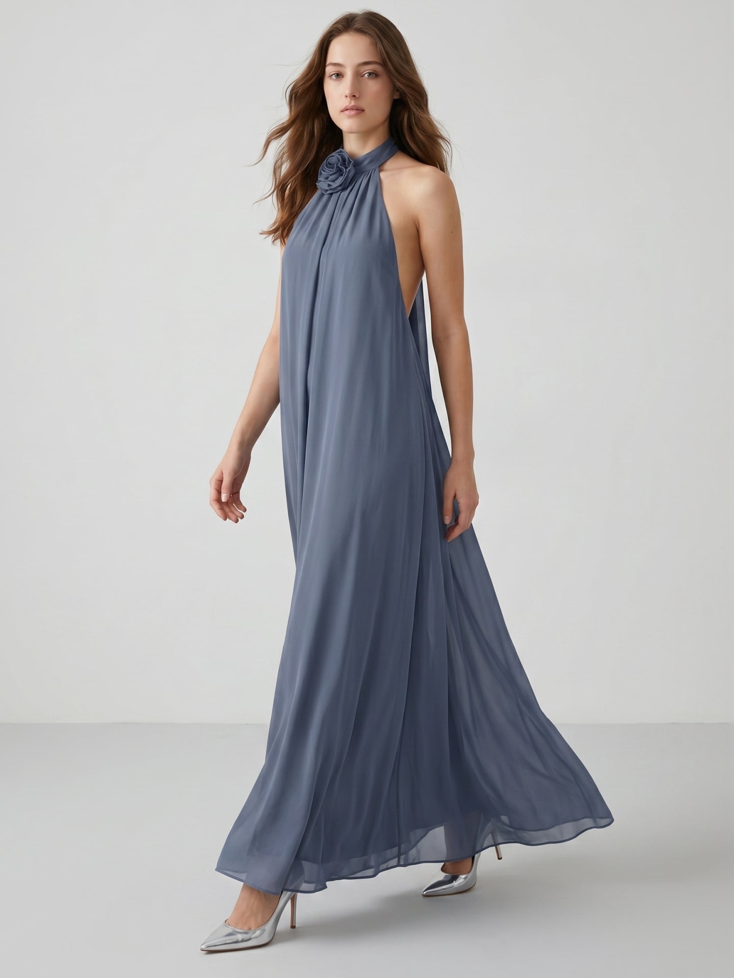 Stormy Chiffon Column Halter Neckline Backless Floor-Length Bridesmaid Dress