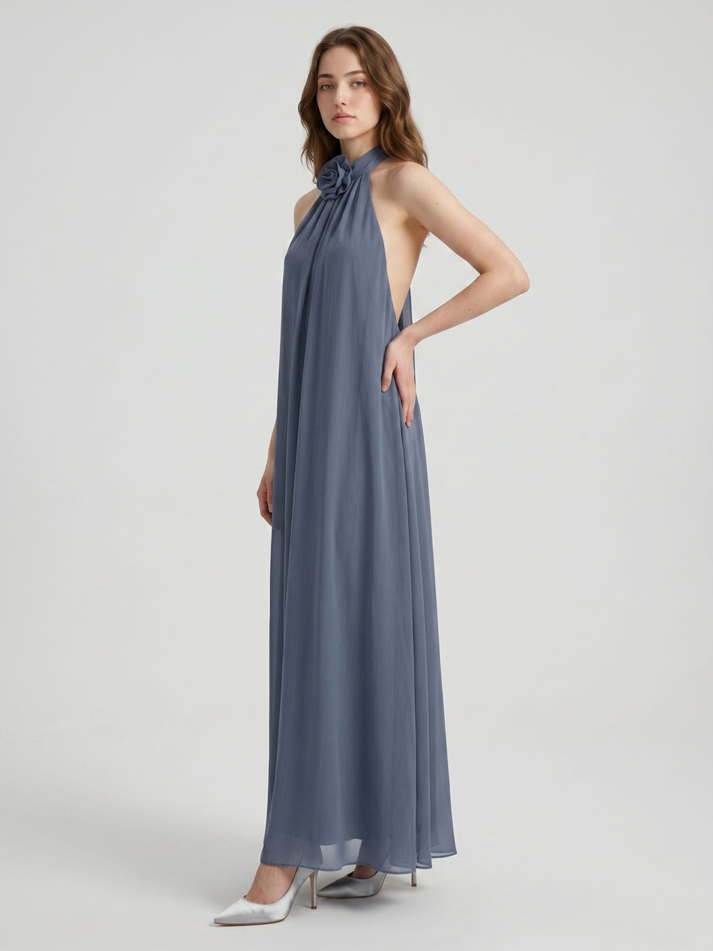 Stormy Chiffon Column Halter Neckline Backless Floor-Length Bridesmaid Dress
