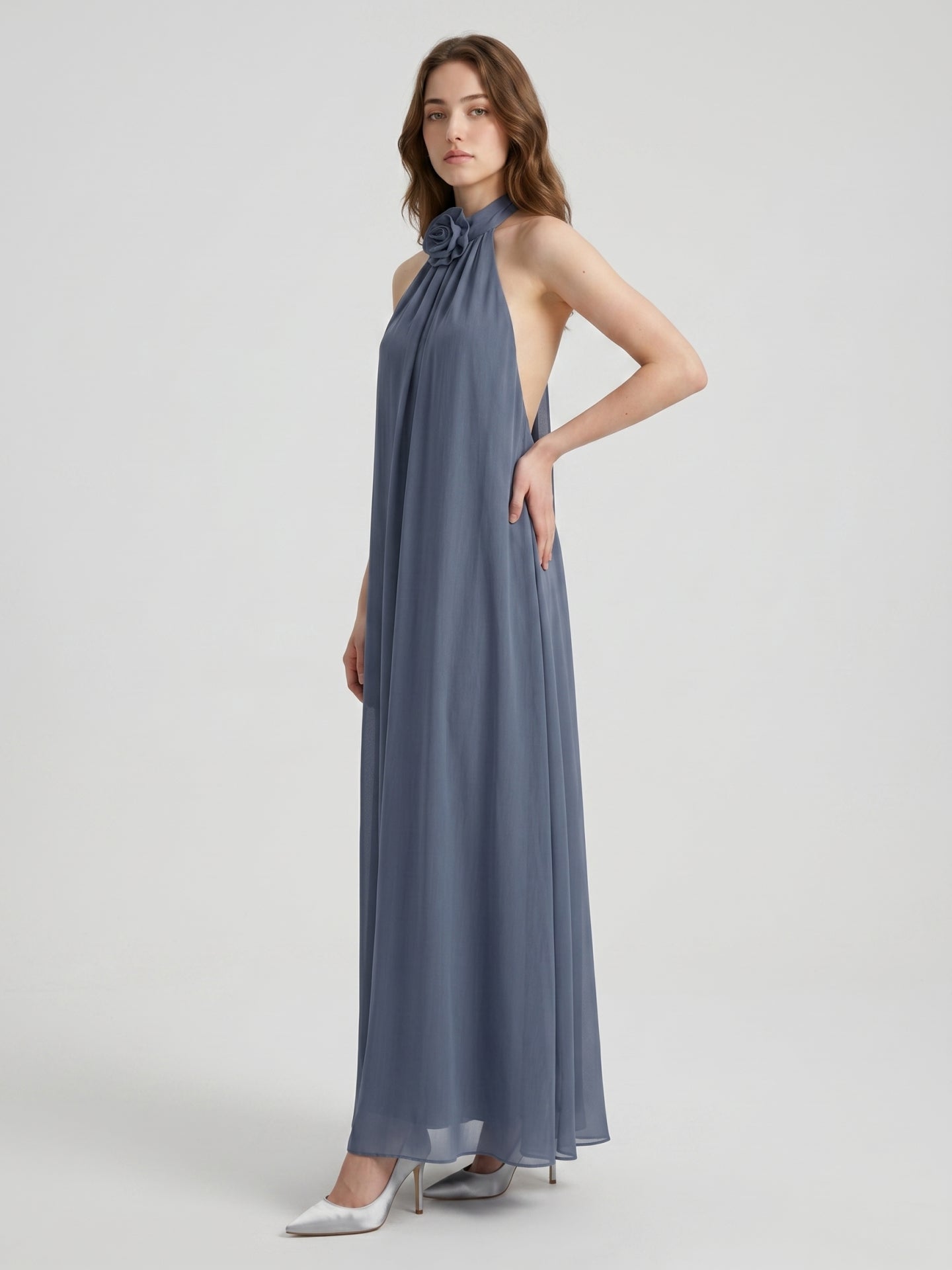 Stormy Chiffon Column Halter Neckline Backless Floor-Length Bridesmaid Dress