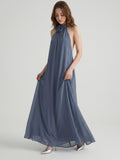 Stormy Chiffon Column Halter Neckline Backless Floor-Length Bridesmaid Dress