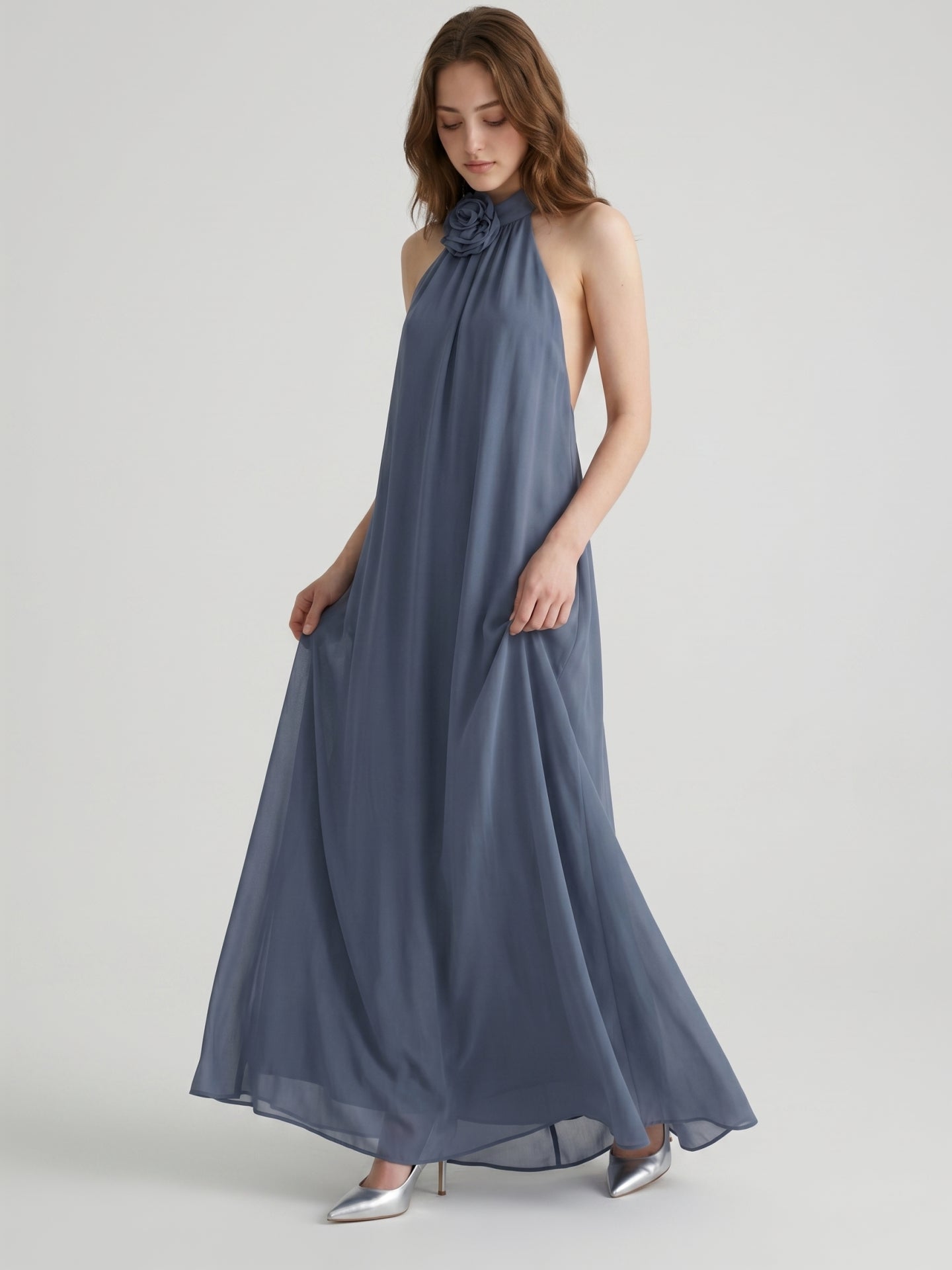 Stormy Chiffon Column Halter Neckline Backless Floor-Length Bridesmaid Dress